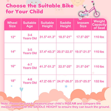 BABY JOY Girls Bike | 12” 14” 16” 18” Kids Bike for 3-8 Years Old with Training Wheels