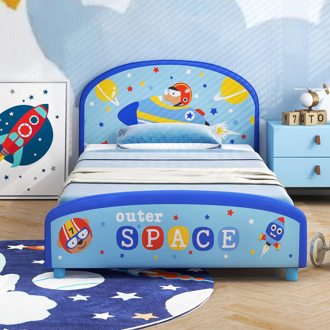 Costzon Twin Bed Frames for Kids, Wood Upholstered Twin Bed Platform with Slat Support, Fits Standard Twin Mattress