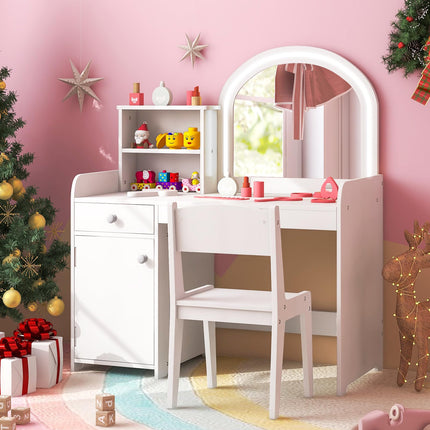 Girls Vanity Set with Mirror and Stool and Lights, Makeup Vanity Desk - Costzon