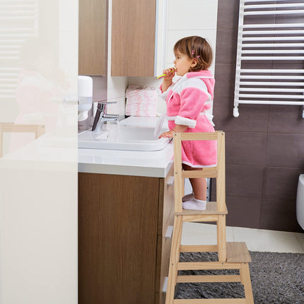 Costzon Kids Kitchen Step Stool with Safety Rail, 2 in 1 Solid Wood Montessori Learning Stool Standing Helper