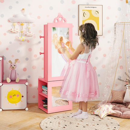 Costzon Kids Jewelry Armoire Cabinet, 46" Standing Jewelry Organizer with Full-Length Mirror
