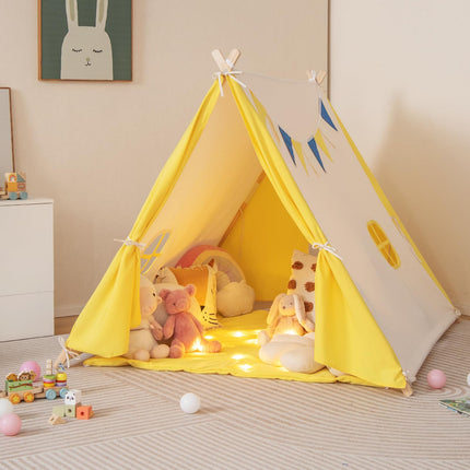 Costzon Teepee Tent for Kids, Pine Wood Frame Triangular Playhouse w/Cute Windows