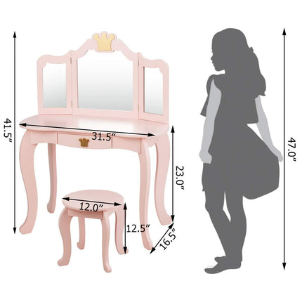 Costzon Kids Vanity & Jewelry Armoire Cabinet, Kids Makeup Vanity Table and Chair Set