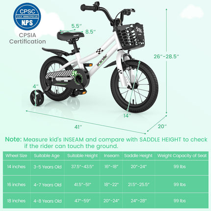 BABY JOY Kids Bike, 12 14 16 18 Inch Children Bikes for Boys Girls Age 3-8 Years w/Training Wheels