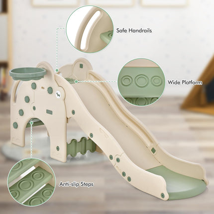 BABY JOY Toddler Slide, Elephant Shape Large Slide for Kids with Basketball Hoop, Buffer Zone & Non-Slip Steps