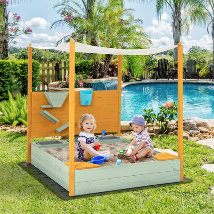 Costzon Kids Sandbox with Sand Wall, Wooden Sandpit w/Removable Canopy, Water Bucket