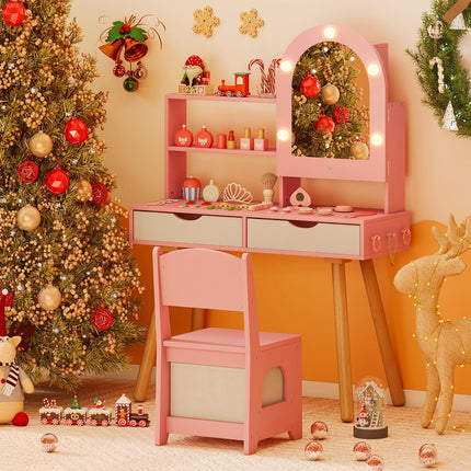 Costzon Kids Vanity with Lights Wooden Kids Vanity Table and Chair Set