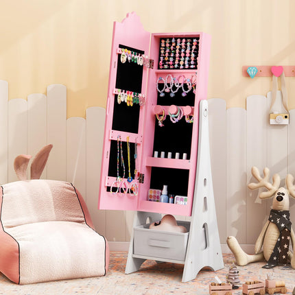 Costzon Kids Jewelry Armoire Cabinet, 43.5" Standing Jewelry Organizer with Full-Length Mirror