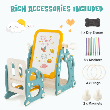 Costzon 4 in 1 Kids Art Easel, Kids Table and Chair Set with Adjustable Whiteboard, Easel for Toddlers