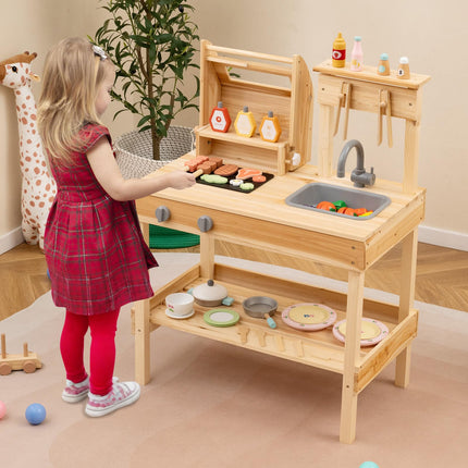 Costzon Kids Grill Playset, Wooden Kids BBQ Grill Playset with Play Food（With Shelf）
