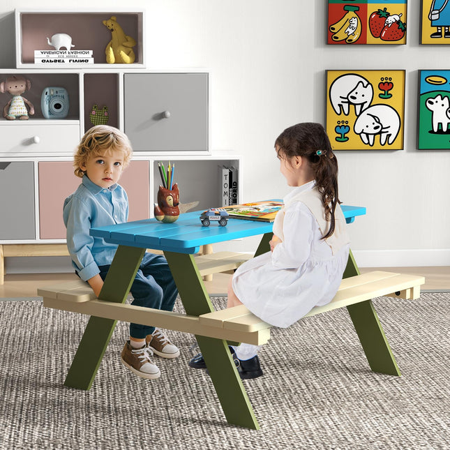 Costzon Kids Picnic Table, Acacia Wood Childrens Activity Table with Benches, Toddler Patio Furniture Set