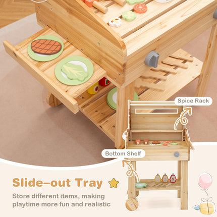 Costzon Kids Grill Playset with Wheels, Wooden Kids BBQ Grill Playset with Play Food（With Wheels）