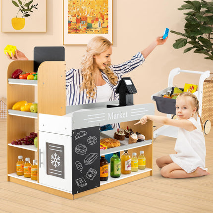 Costzon Grocery Store Pretend Play, Wooden Play Store with Shopping Cart( 31" x 23" x 35"）