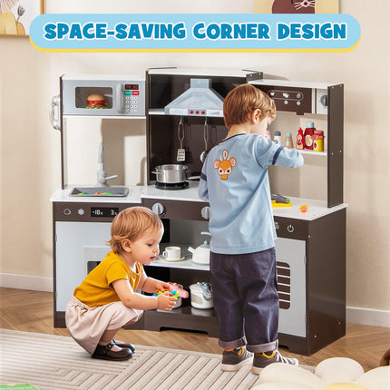 Costzon Corner Kids Kitchen Playset, Wooden Toy Kitchen Set with Range Hood