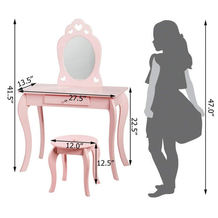 Costzon Kids Vanity & Jewelry Armoire Cabinet, Wooden Kids Vanity Table and Chair Set