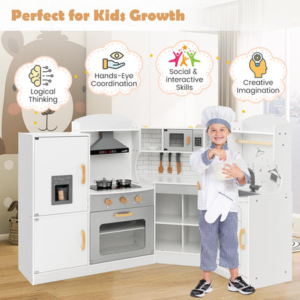 Costzon Kids Corner Kitchen Playset, Wooden Play Kitchen, Little Chef Pretend Cooking Toy Set