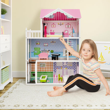 Costzon Wooden Dollhouse for Kids, 3-Story Semi-Open Doll House with 5 Rooms & 10 Pieces Furniture Set