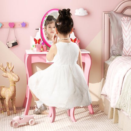 Costzon Kids Vanity, Girls Vanity Set with Mirror and Stool, Drawer, Storage Grids