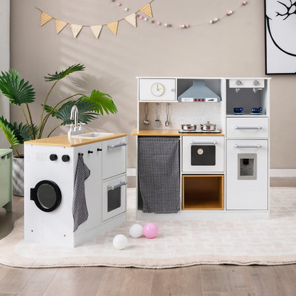 Costzon Kids Corner Kitchen Playset, Wooden Pretend Play Kitchen Toy Set