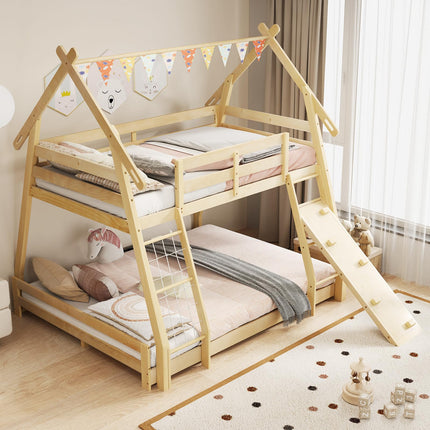 Costzon Twin Over Queen Bunk Bed, House Shaped Bed Frame with Climbing Nets and Ramp