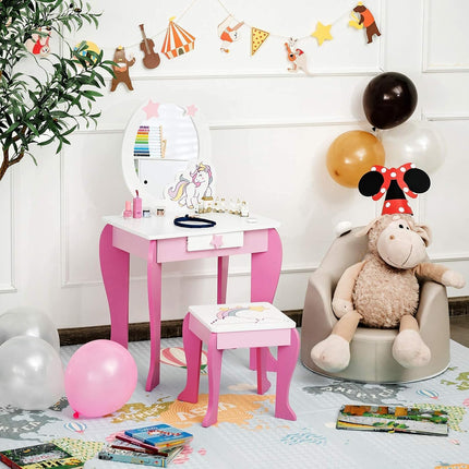 Costzon Kids Vanity & Jewelry Armoire Cabinet, Pretend Play Kids Vanity Table and Chair Set