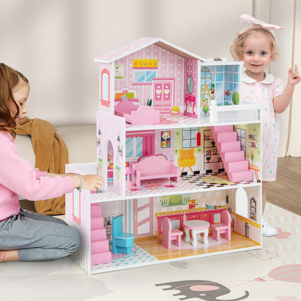 Costzon Wooden Dollhouse for Kids, 3-Story Semi-Open Doll House with 5 Rooms & 10 Pieces Furniture Set