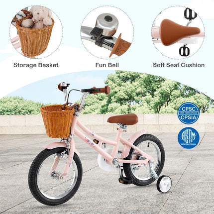 Costzon Kids Bike, 14 Inch Retro Child Bike for 3-5 Years Old with Adjustable Height, Training Wheels