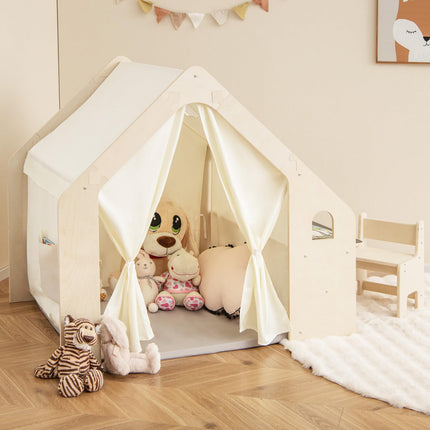 Costzon 6-in-1 Kids Tent, Large Wooden Frame Playhouse with Table and Chair Set