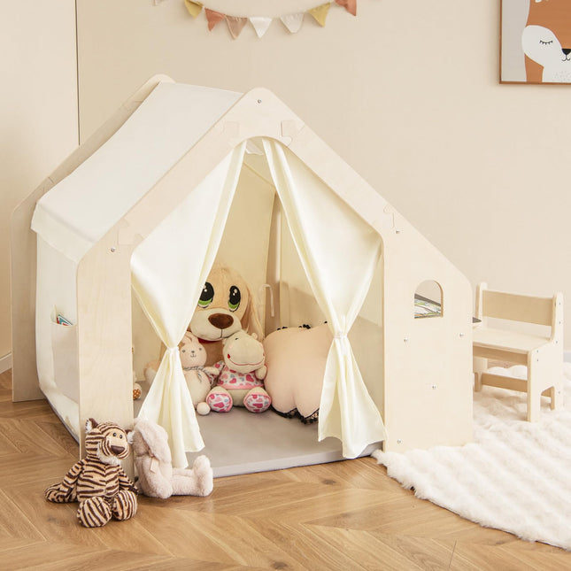 Costzon 6-in-1 Kids Tent, Large Wooden Frame Playhouse with Table and Chair Set
