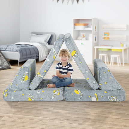Costzon Convertible Kids Couch, Glow in Dark, 6-Piece Modular Sofa Playset with 4 Base Cushions & 2 Triangular Pillows, Grey