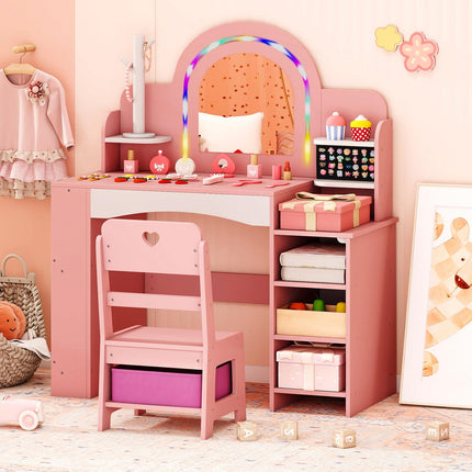 Costzon Wooden Kids Vanity Table and Chair Set with Lighted Mirror Bookshelf Jewelry Storage