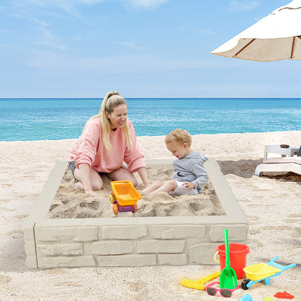 Costzon Kids Sandbox with Cover, 47"x 47" HDPE Sandpit with Oxford Cover, Bottom Liner