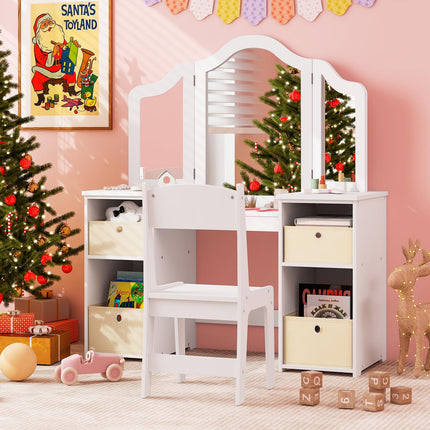 Costzon Kids Vanity, 2 in 1 Princess Makeup Desk & Chair Set with Tri-Folding Mirror, 4 Storage Bins
