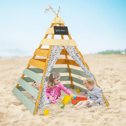 Costzon Kids Tent, Wooden Indoor Outdoor Triangle Hideaway Playhouse with Machine Washable Flags