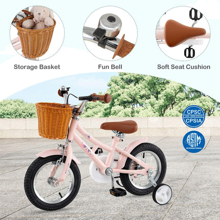 BABY JOY Retro Kids Bike, 12 Inch Child Bike w/Rattan Basket, 95% Pre-Assembled Kids Bicycle for Girls
