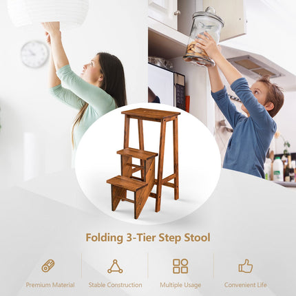 Costzon Folding Step Stool 3 Tier Wood Ladder, 3-in-1 Design with Ladder, Multifunction Pine Wood Foldable Ladder
