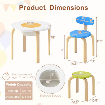 Costzon Kids Table and Chair Set 5-Piece Wooden Flower-Shaped Activity Table 2 Chairs & 2 Stools