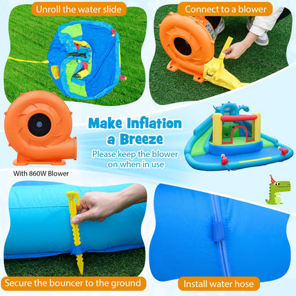 BOUNTECH Dinosaur Styling Inflatable Water Slide  Double Slides Park