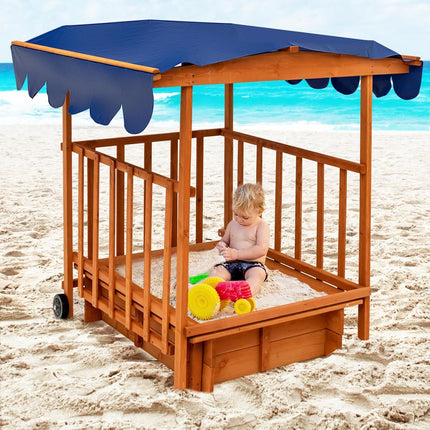 Costzon Kids Retractable Sandbox with Canopy, Wooden Cedar Cabana Playhouse w/Large Play Area