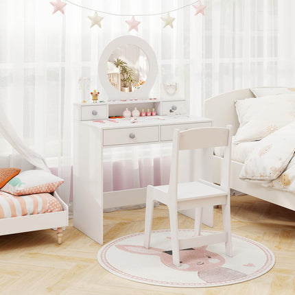 Costzon Kids Vanity, Princess Makeup Dressing Desk with Mirror and Stool, 4 Storage Drawers