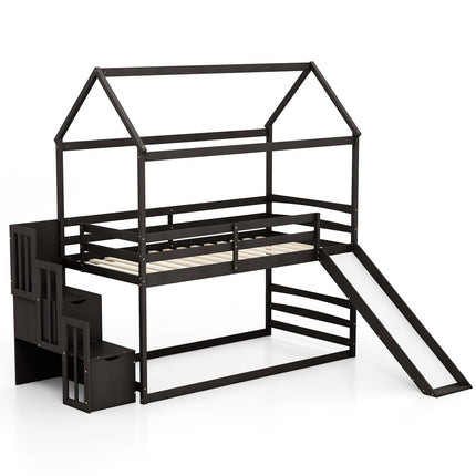 Costzon House Bunk Bed, Twin Over Twin Wood Kids Bed Frame with Slide & Storage Staircase