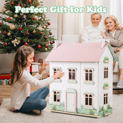 Costzon Wooden Dollhouse for Kids, 3-Level Dollhouse Playset with Double-Sided Roofs