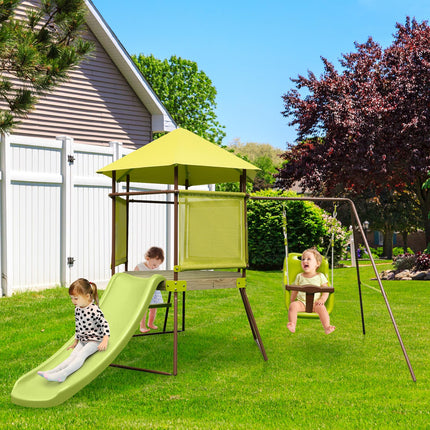 Costzon Swing Sets for Backyard, 4-in-1 Heavy Duty Metal Swing Set with Slide, Baby Swing