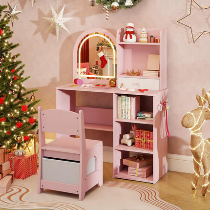 Costzon Wooden Kids Vanity Table and Chair Set with Mirror Hooks & Open Shelves