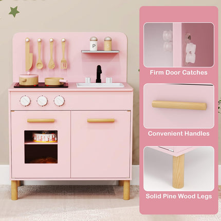 Costzon Kids Kitchen Playset, Wooden Pretend Play Kitchen with Lights and Sounds
