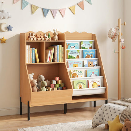 Costzon Montessori Toddler BookShelf | Toy Storage Organizer with w/ 5 Fabric Pockets