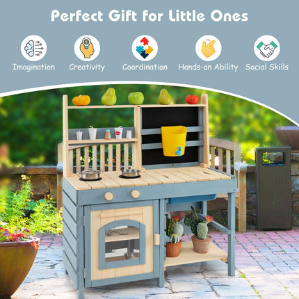 Costzon 2 in 1 Mud Kitchen, Fir Wood Outdoor Play Kitchen & Grocery Store w/Removable Sink