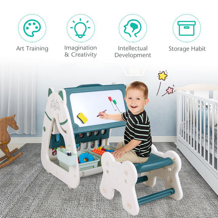 Costzon 3 in 1 Kids Art Easel, Double-Sided Magnetic Dry Erase Board, Adjustable Standing Easel