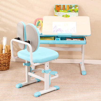 Costzon Kids Desk and Chair Set, Height-Adjustable Student Study Desk with Tiltable Desktop, Book Stand