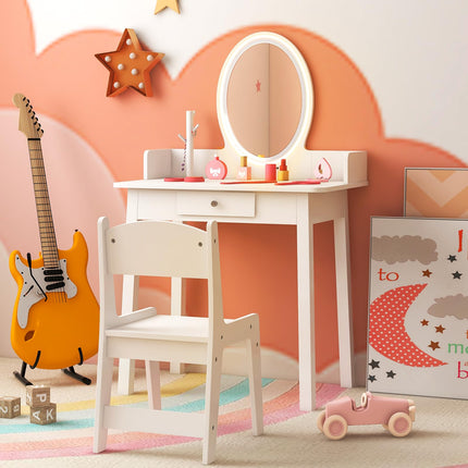 Costzon Kids Vanity, Girls Vanity Set with Mirror and Stool and Lights, 2 in 1 Wooden Princess Makeup Desk Dressing Table